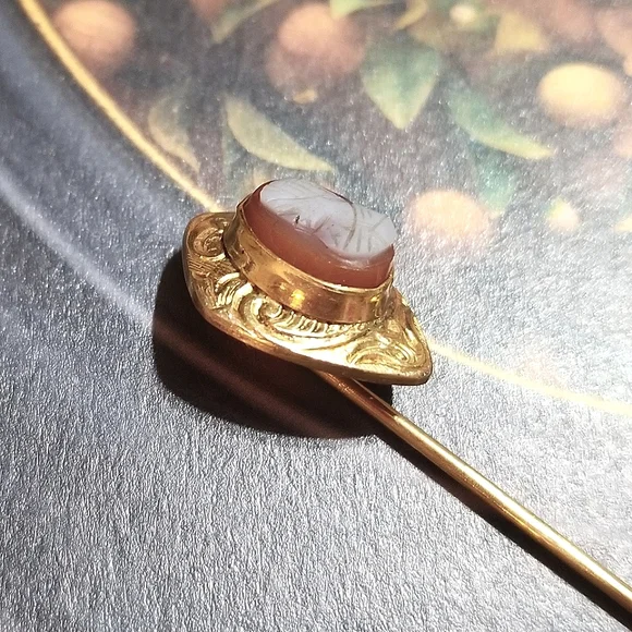 Antique Hard Stone Cameo Stick Pin PSCO - Picture 6 of 8